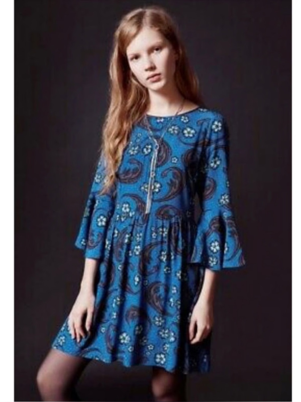 For Love And Lemons Blue Floral-Print Long Sleeve Dress